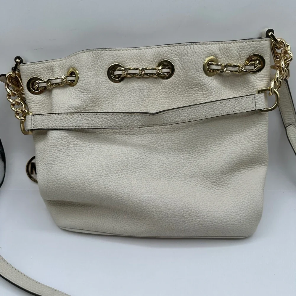 Michael Kors White Leather Drawstring‎ Bucket Bag Gold Chain Shoulder Strap